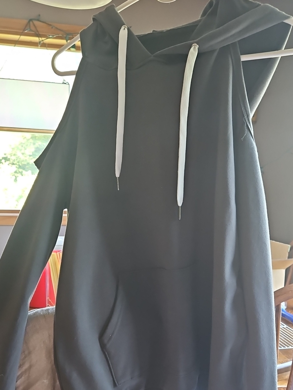 Dark Gray Cold Shoulder Hooded Pullover Sweatshirt with White Drawstrings Unique